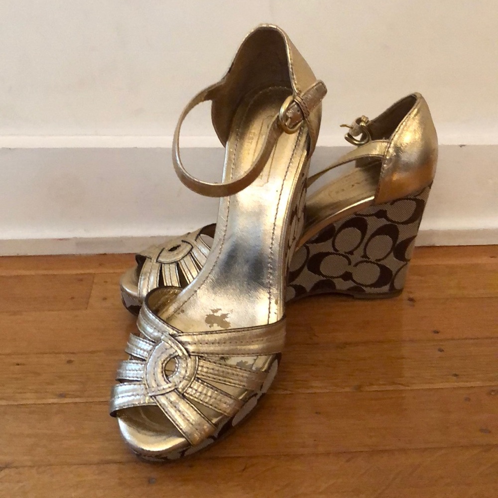 Coach gold signature wedge sandals